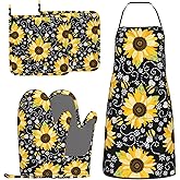 BOKEKANG Sunflower Bees Oven Mitts and Pot Holders with Apron Set of 5 Silicone Sunflowers Kitchen Mitten Gloves and Non-Slip Potholders Cooking Apron Set Heat Resistant Oven Gloves Hot Pads for BBQ