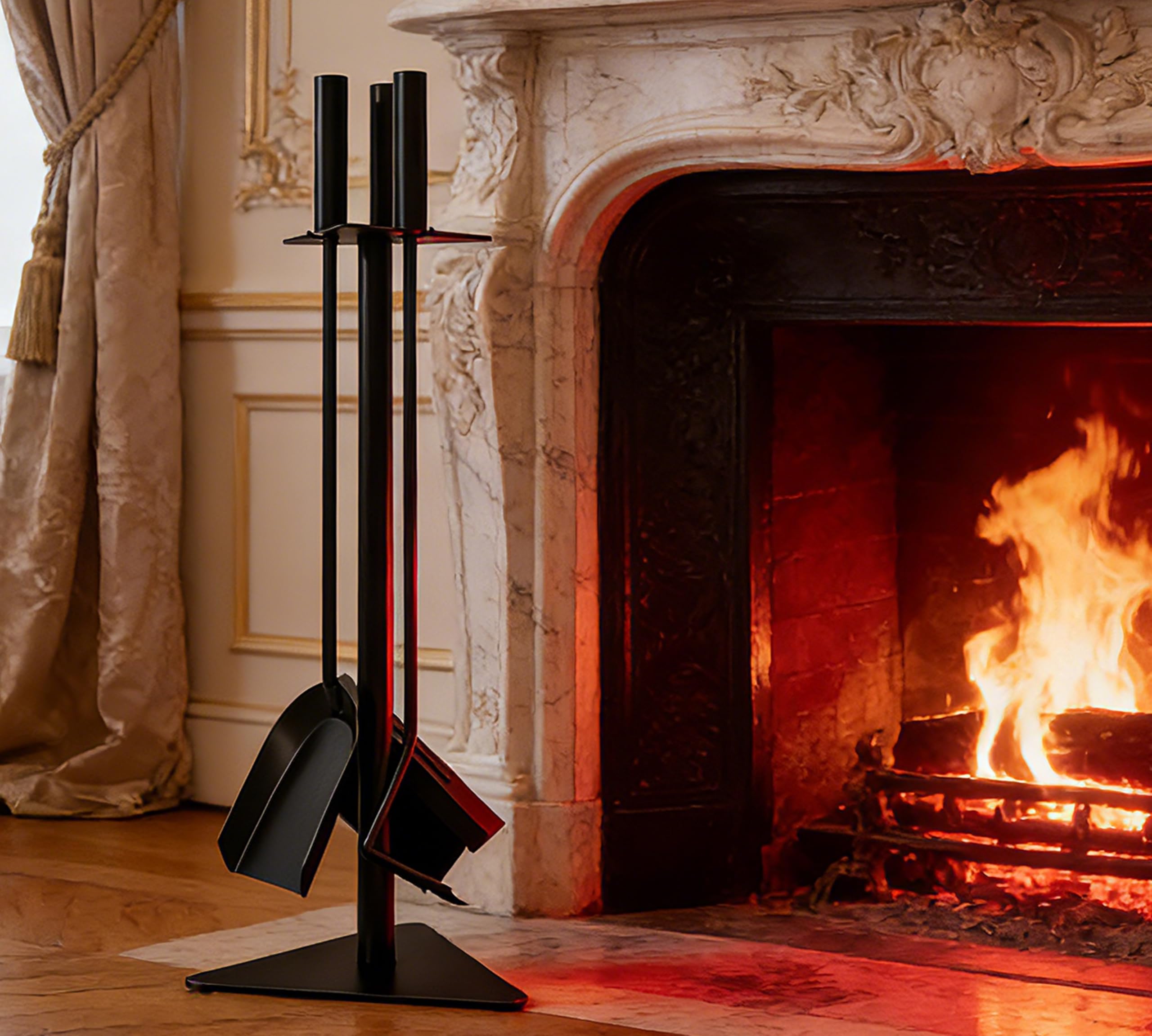 Kingson Black 4-Piece Fireplace Companion Set Includes Shovel, Poker, and Brush 58cm Tall Ideal for Log Burners and Fireside Accessories