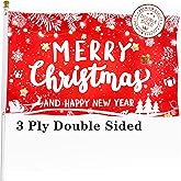 XIFAN Christmas Flag Double Sided 3x5 FT Outdoor, Large Merry Christmas and Happy New Year Banner with Snowman Christmas Tree, Gift Wall Winter Decoration