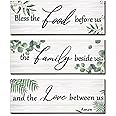 Maitys 3 Pieces Eucalyptus Greenery Wooden Wall Sign Bless Family Food Love Plaque Botanical Leaf Wall Art Green Leaves Rustic Porch Decor Farmhouse Hanging Plaque for Home Kitchen Decor