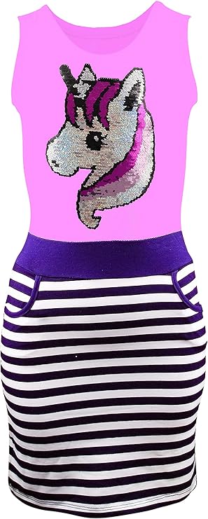 Mädchen Kleid Kinder Sommerkleid WendepaillettenTrägerkleid Tunika Shirt Gr. 116-146 Einhorn Unicorn Pferd
