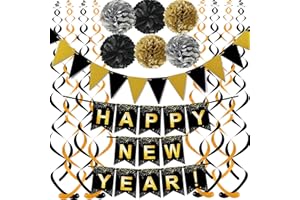 FECEDY Happy New Year Set Black Banner with Gold Black Paper Flag Bunting Swirl Streamers & Pom Poms for Happy New Year Party Decorations