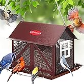 Kingsyard Metal Bird Feeder for Outdoors Hanging, 2-in-1 Wild Bird Feeder with Seed Tray & Built-in Perch, 5 lb Large Capacity for Cardinal Chickadee Finch, Bronze