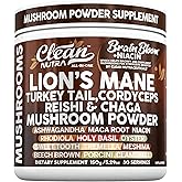 Clean Nutra Lion's Mane Turkey Tail Cordyceps Reishi Chaga Mushroom Powder + Ashwagandha Niacin Calm Stress Memory Adrenal Support Supplements Maca Rhodiola Holy Basil Apaptogen Supplement Unflavored