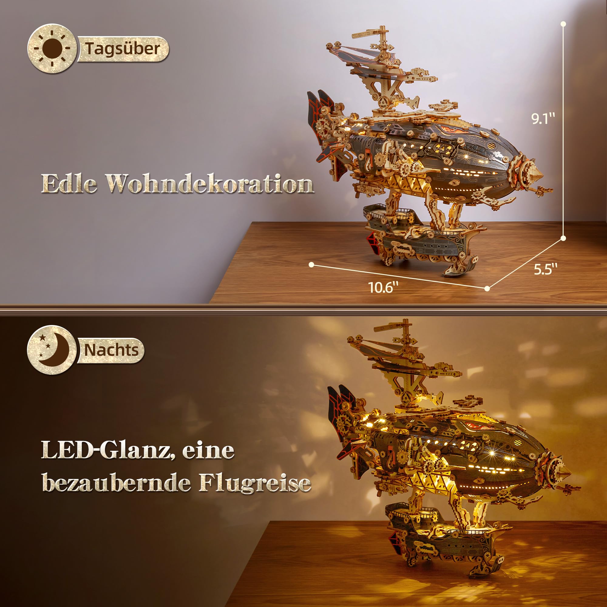 FUNPOLA LED 3D Holzpuzzle fur Erwachsene Luftschiffmodell - Steampunk DIY Bastelset mit LED-Leuchten - Holz Luftschiffmodell-Bausatz für und Erwachsene (Grau) 5
