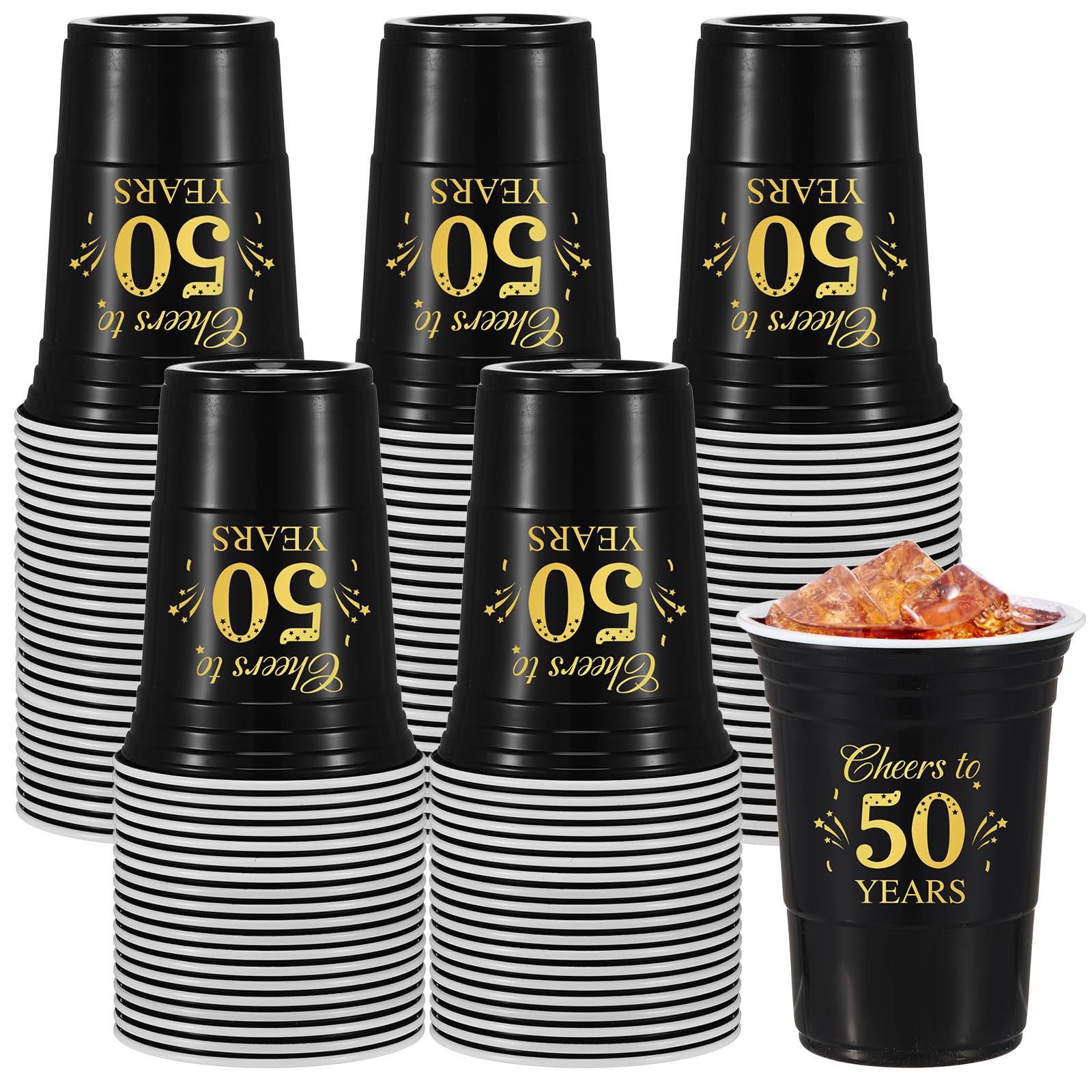 Photo 1 of Ziliny 50 Pack 50th Birthday Decorations Birthday Cups 16 oz Disposable Plastic Gold and Black Cheers to 50 Years Cups for Men Women Hot Cold Drinks for Wedding Anniversary Supplies