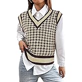 BreathSunny Women's V Neck Knit Sweater Vest Fall Houndstooth Sleeveless Pullover Crop Knitwear Preppy Style Tank Tops 2025