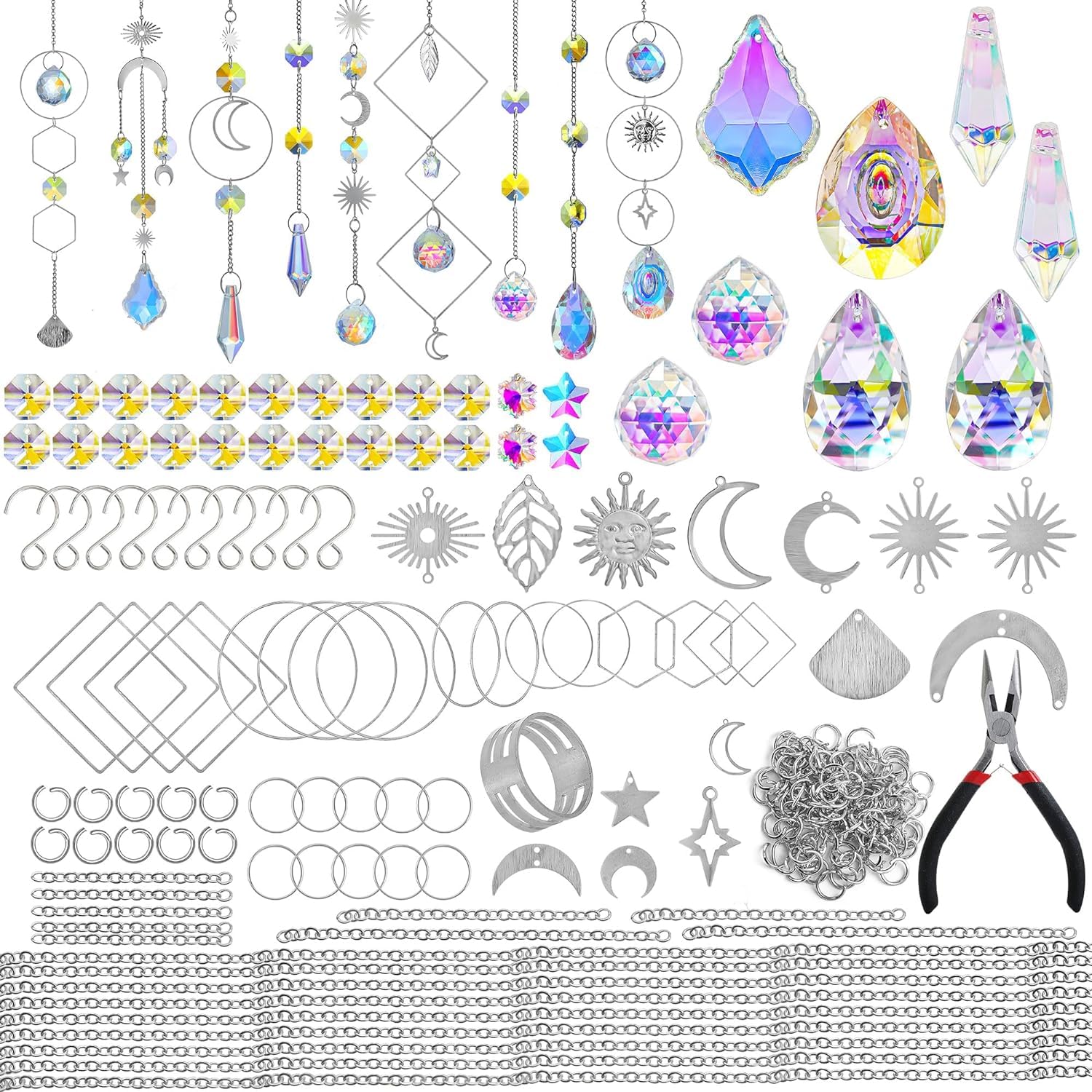 H&D HYALINE & DORA DIY Crystal Suncatcher Assembly Craft Kits for Adults 215pcs Rainbow Prisms Beads Pendant Crystal Window Sun Catchers Hanging Ornament Indoor Outdoor Decor, Silver