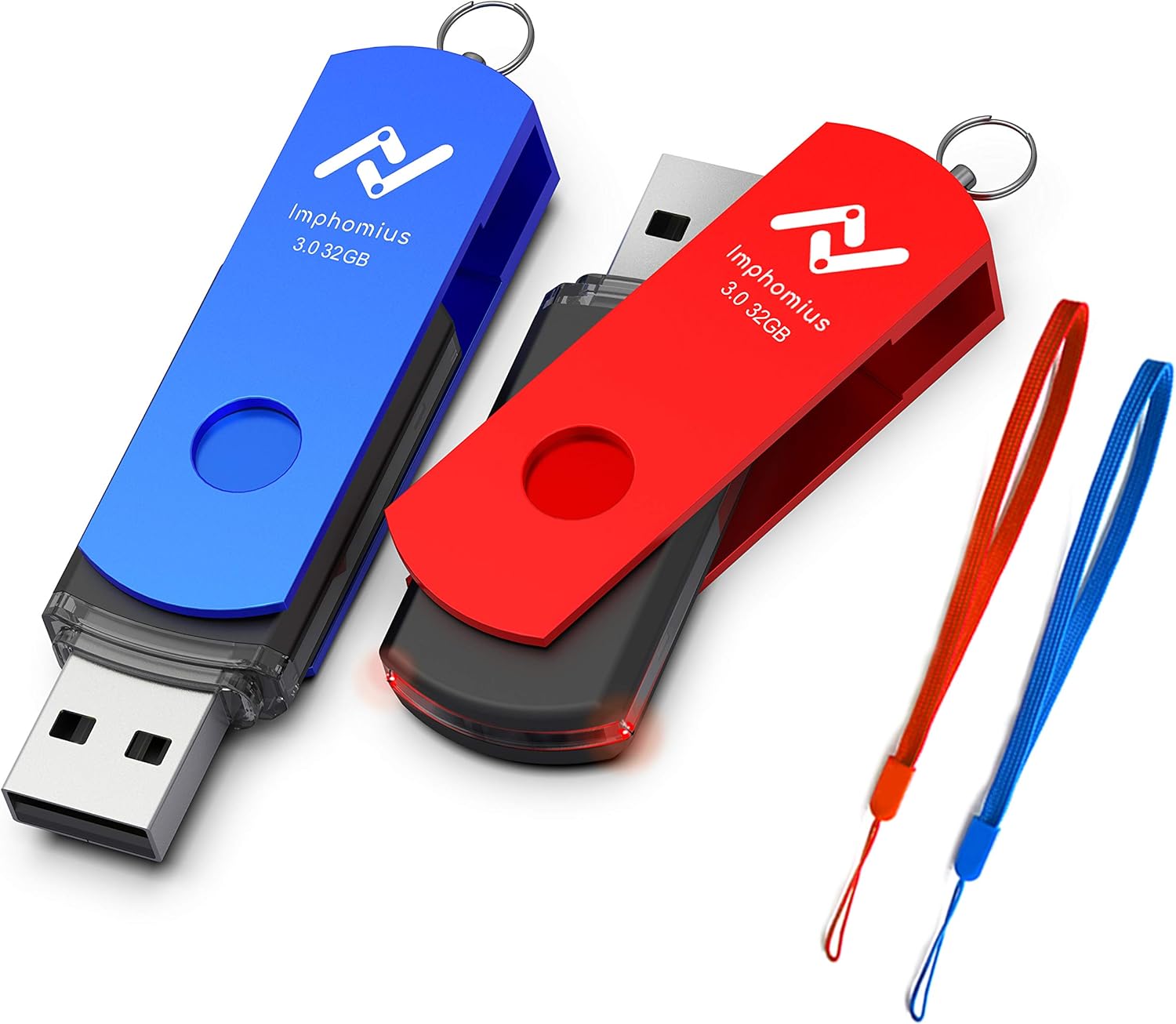 32GB USB 3.0 Flash Drive, 2 Pack 32 GB Thumb Drives with Led Light, High Speed 32gig Multipack Rotatable Jump Drive with Lanyards for Computer Backup Storage Zip Drives Memory Stick - Blue/Red