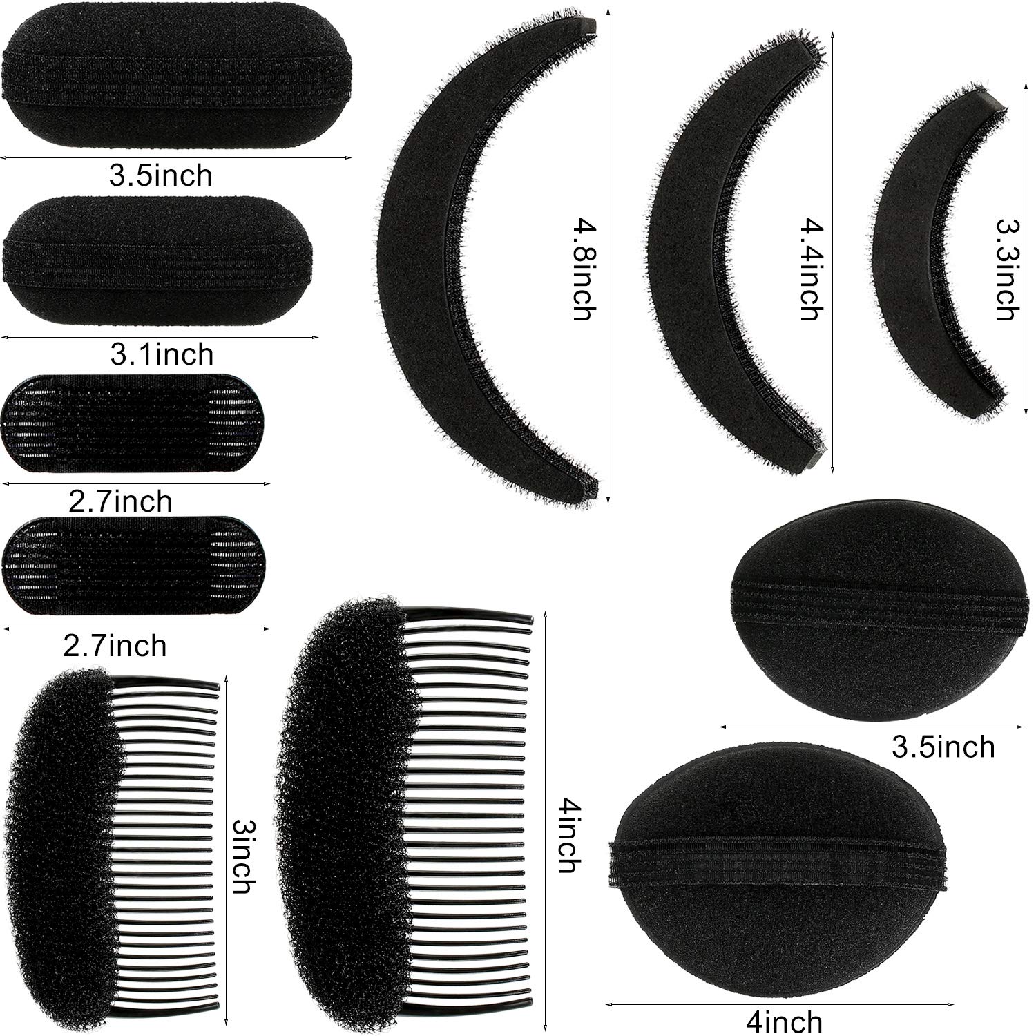11 Pieces Women Sponge Volume Bump Inserts Hair Bases Hair Styling Tools Hair Bump Up Combs Clips Black Sponge Hair Accessories for Women DIY Hairstyles (Black): Beauty