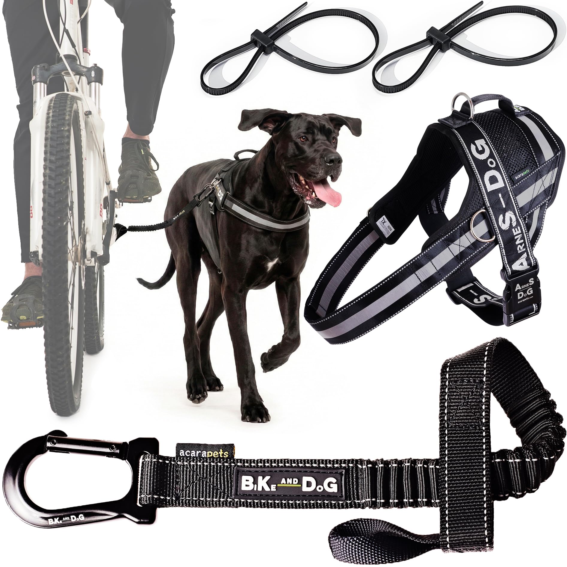 BIKE AND DOG - Dog leash and dog harness for bicycle, harness with side rings, includes 2 bicycle straps. Patented. (Black, Leash-harness XL)