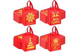 Wesnoy 48 Pcs Christmas Gift Bags Bulk 10 x 8 x 4 Inch Red Gold Goodies Bags Reusable Non Woven Christmas Party Favors Candy Treat Totes with Handles for Holiday Gift Birthday Party Supplies