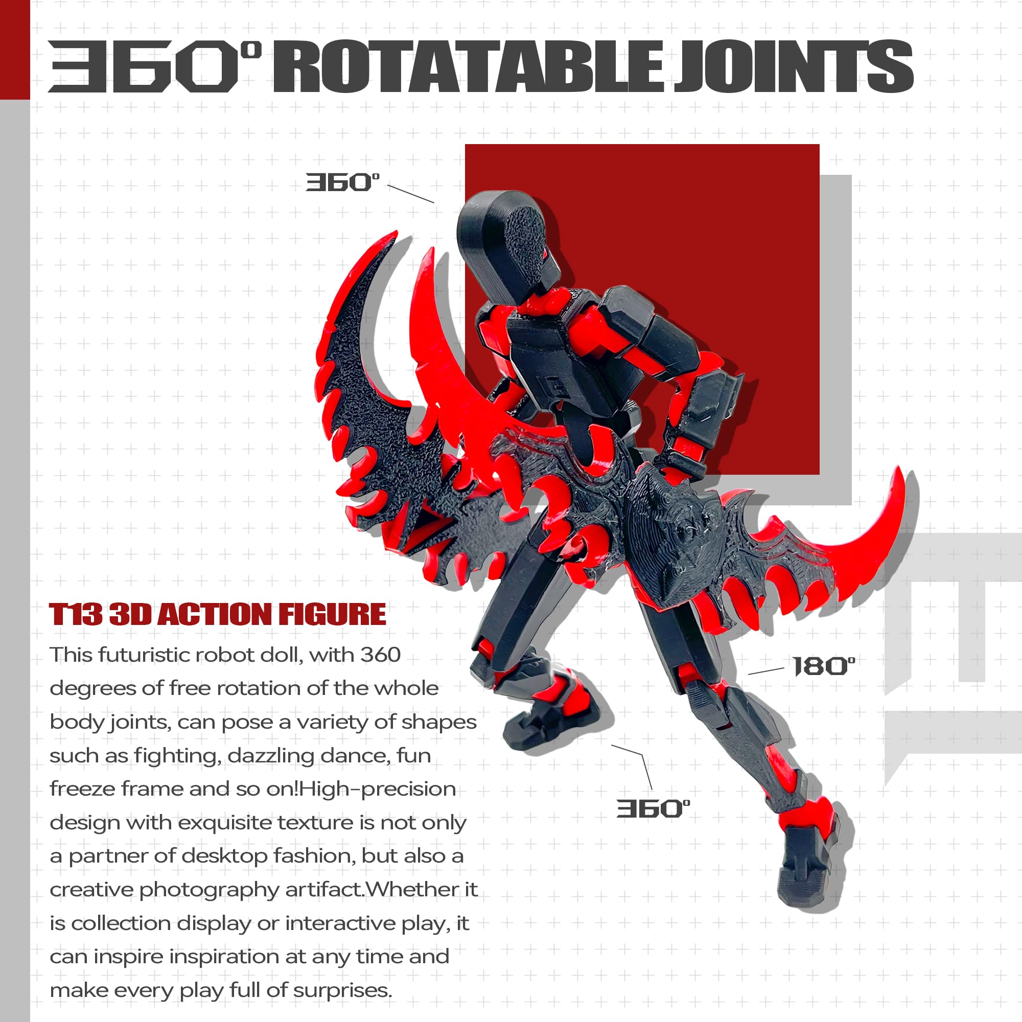 Uodofy (Assembly Completed) T13 3D Action Figure Set,Dummy Robo Titan 13 Action Figures,3D Printed Multi-Jointed Toy (Black Red + Dog)