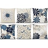 COMMINY Blue White Pillow Covers 18x18 Set of 6, Daisy Flower Throw Pillow Cover Case Square Cushion Cover for Sofa Bedroom Living Room Farmhouse Home Decor