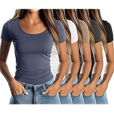 Locoowai 5 Pack Women's Scoop Neck Short Sleeve Shirts Fitted Tops Bulk Casual Basic Stretchy Tight Summer Multipack Tees