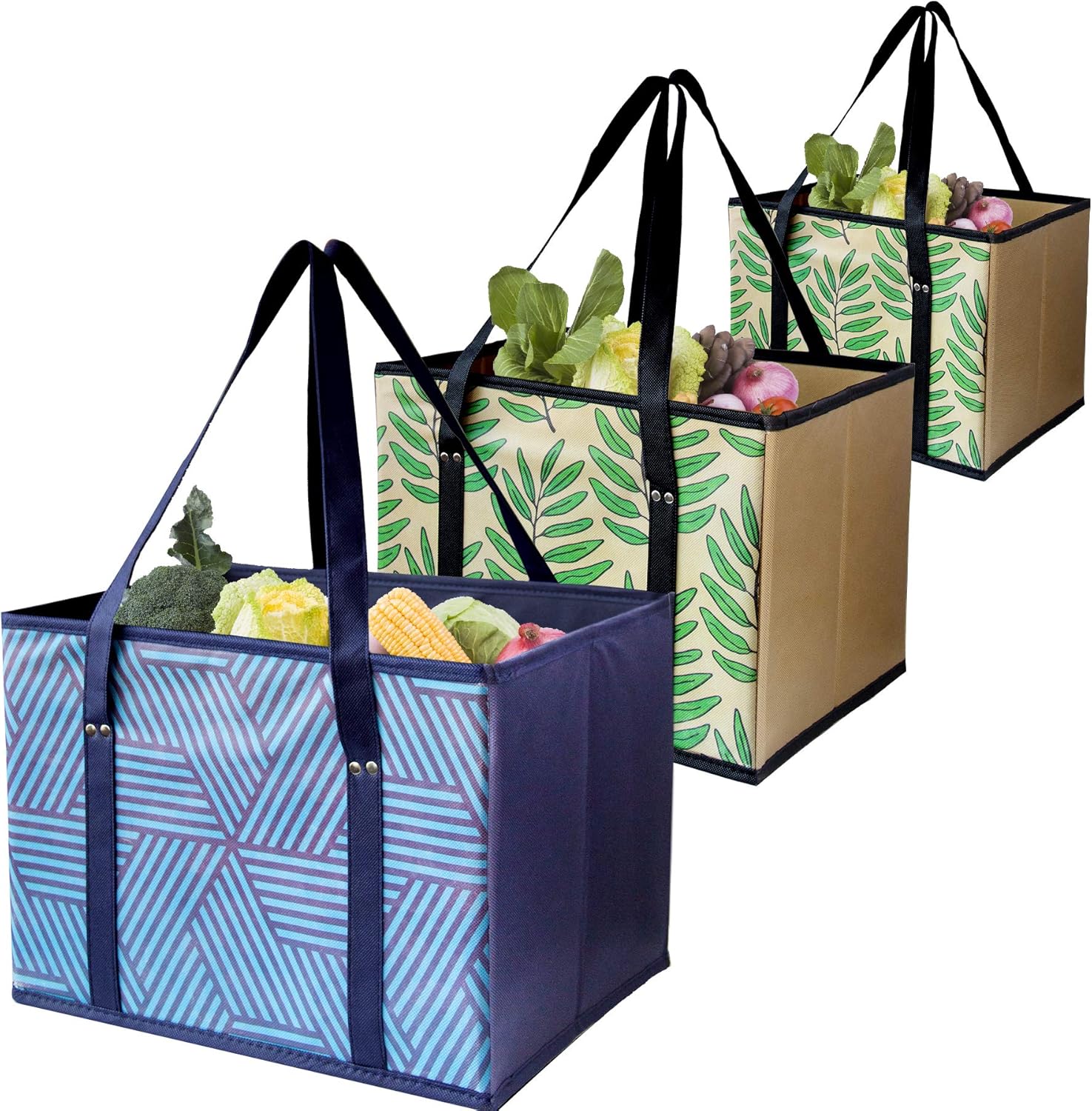 Reusable Shopping Box Grocery Bag,Shopping Tote Bag with Extra Long Handles,Eco-Friendly, Large, Durable, Foldable with Reinforced Sides and Bottoms- Set of 3 (Blue+Navy Beige)