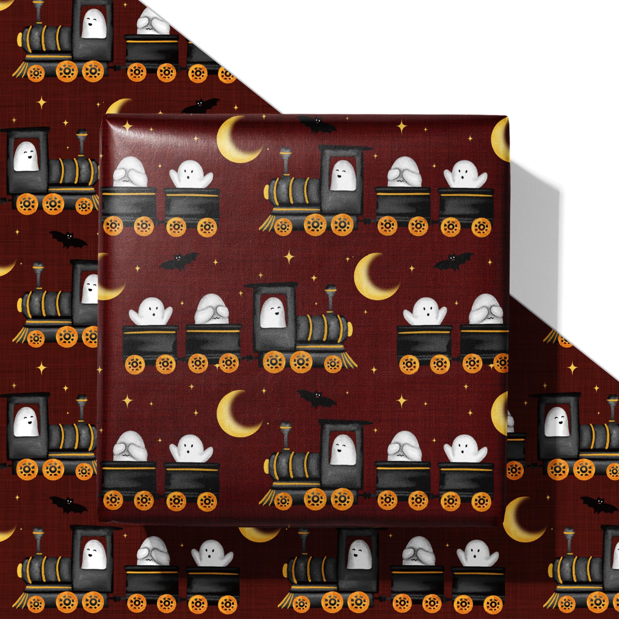 Photo 1 of ***2 PACK***SaringSwoon Halloween Train Wrapping Paper for Kids Adults - Spooky Ghost Gift Wrap With Bats Moon Design for Trick or Treat, Birthday, Party Decorations - 28×40 Inches, 4 Jumbo Folded Sheets