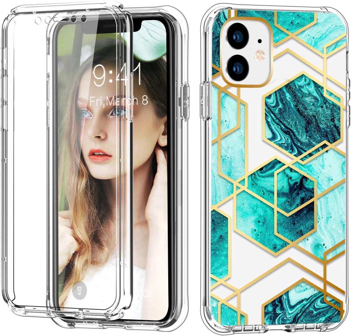 SKYLMW iPhone 11 Case 2019 6.1 inch,[Built in Screen Protector] Full Body Shockproof Dual Layer Protective Hard Plastic Soft TPU with Phone Cover Cases with Design for Women Girls,Green Marble