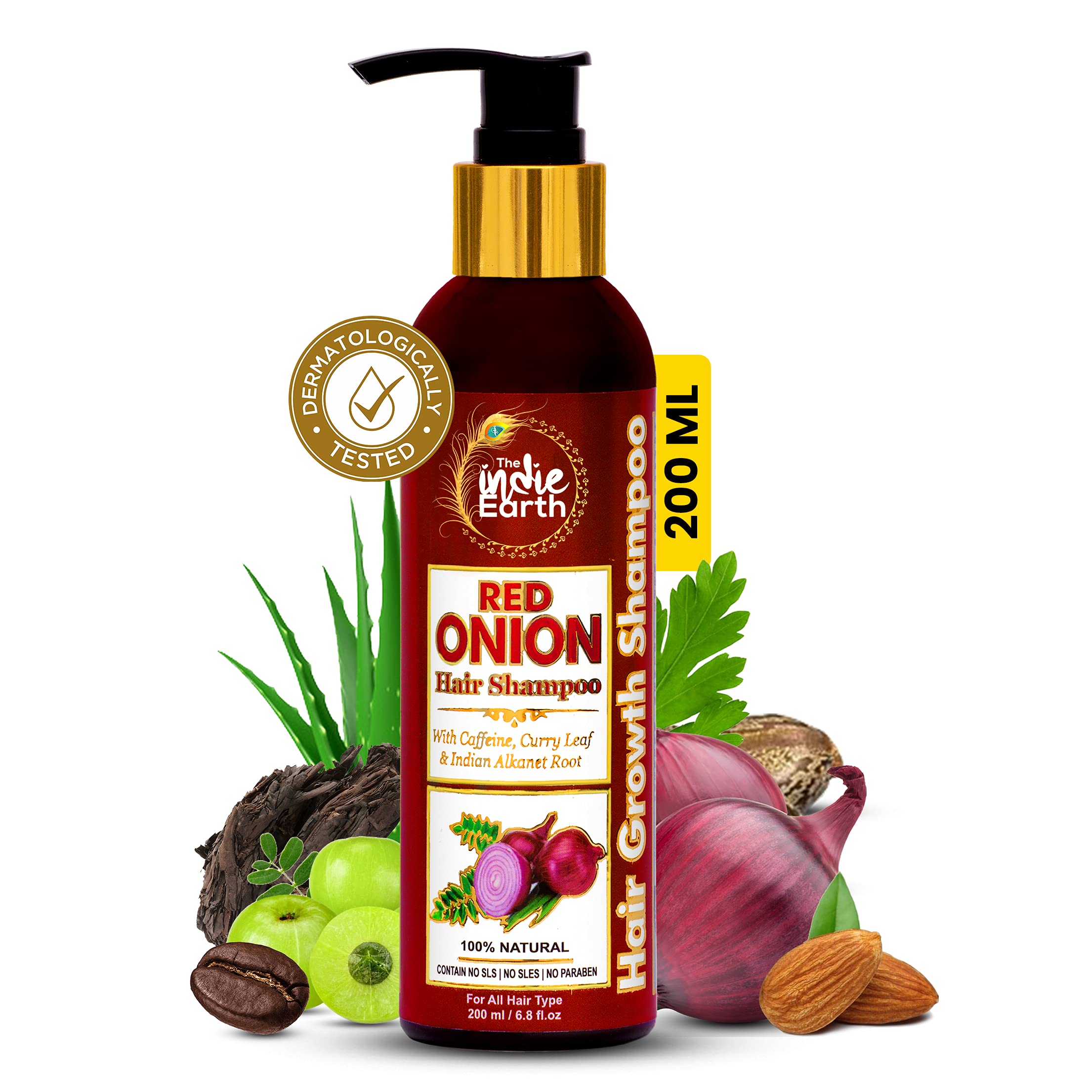 The Indie Earth Red Onion Shampoo with Caffeine Curry Leaf and Indian Alkanet Root Controlling Hair Fall Splitends Promotes Healthy Hair Growth - 200ml Best Onion Shampoo