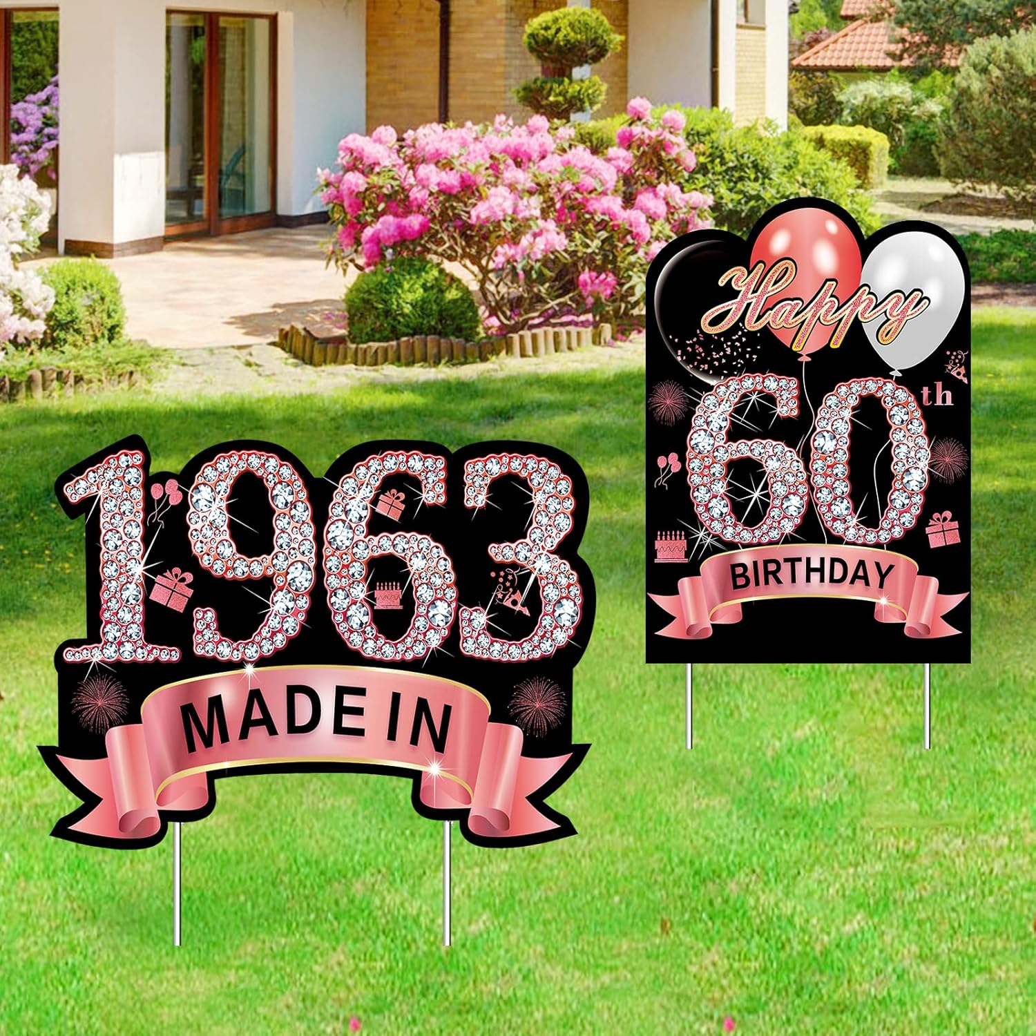 Yard Signs - 2Pcs Rose Gold 60th Birthday Yard Sign Decorations for Women, Happy 60th Birthday Made in 1963 Lawn Sign Party Supplies, Happy Sixty Year Old Birthday Yard Decor with Stakes