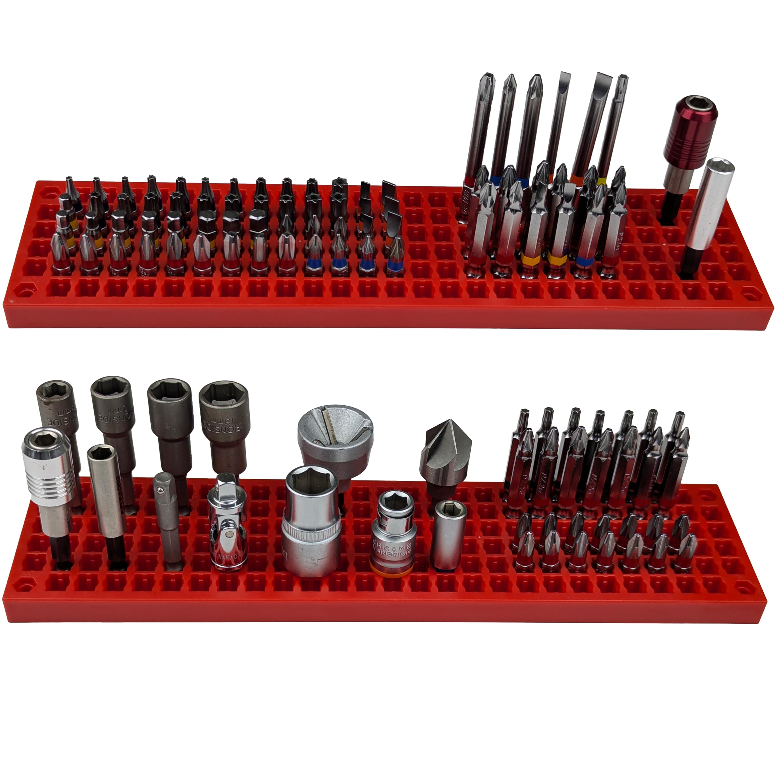 Free Zone 158-Hole Bit Organiser Tray, 2-Pack, Red - 1/4 Inch Hex Tool Drawer Insert and Chest Divider - Patented Non-Magnetic Taper Lock Rack for Impact Driver, Torx and Screwdriver Bits
