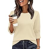 Totatuit Women 3/4 Pleated Sleeve Sweaters Casual Crew Neck Lightweight Knit Sweater Top Loose Basic Business Clothes