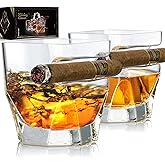 YouYah Cigar Whiskey Glasses - Set of 2, Crystal Whisky Glass Set with Indented Cigar Rest for Brandy, Cocktail, Rocks Glass, Gifts for Men