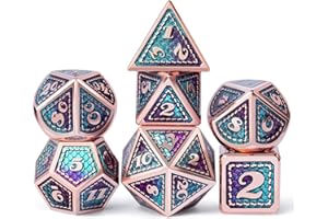 DNDND Metal D&D Dice Set,7 Pieces Dragon Scale Metallic D&D Die with Gift Metal Case for Dungeons & Dragon Game (Teal and Purple with Copper Edge)