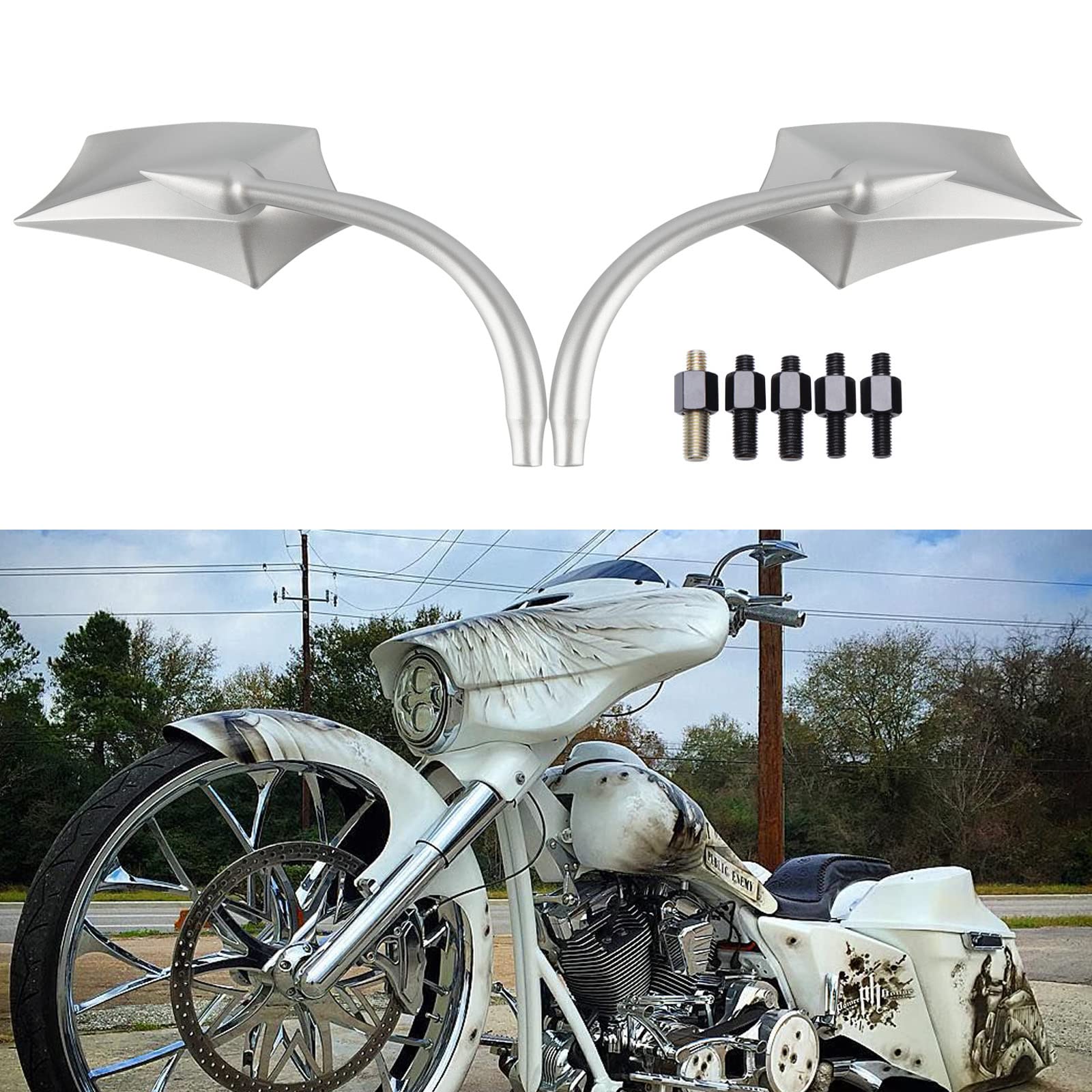 Photo 1 of JMTBNO Universal 8MM 10MM Motorcycle Rearview Side Mirrors Handlebar Compatible with Honda Yamaha Kawasaki Suzuki Ducati Aprilia Chopper Cruiser (Silver)