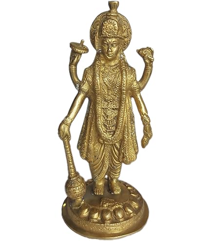 Statuina Indiana In Ottone Dhanvantari - Il Medico Degli Dei, Altezza 38 Cm, Dorato