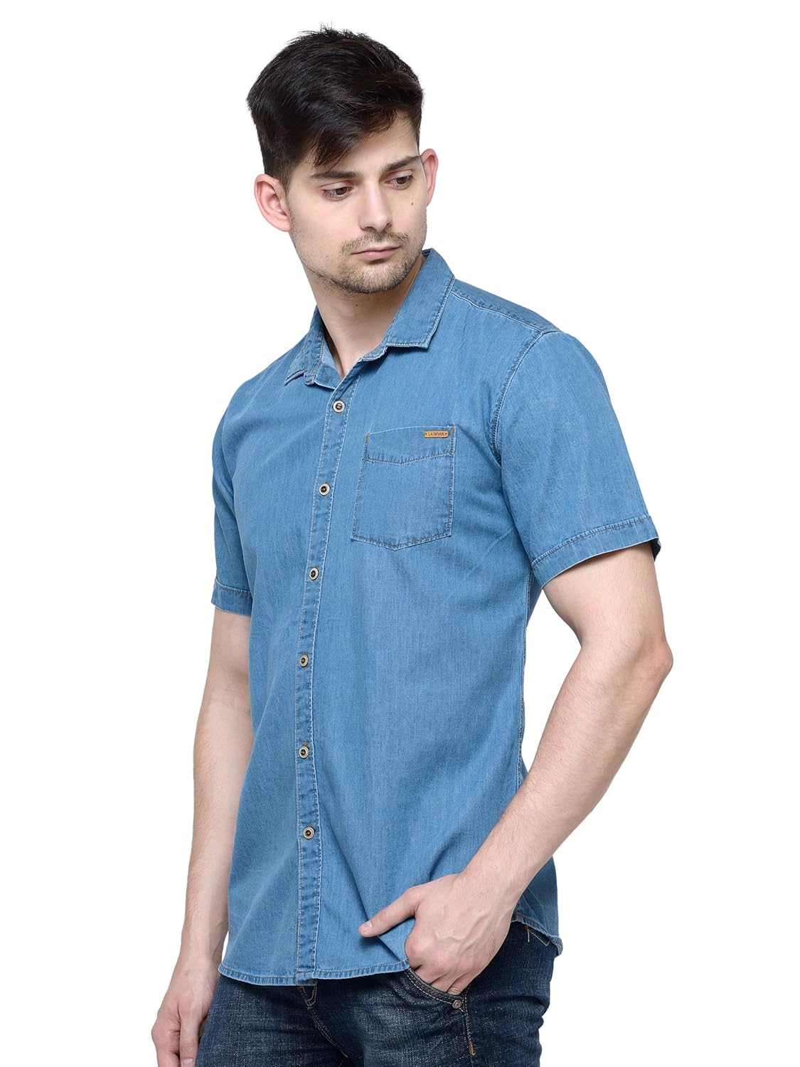 la seven blue solid half sleeves slimfit denim casual shirt