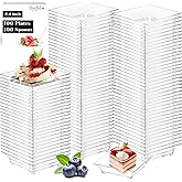 Dyrfolm 100 Pack Mini Dessert Plates with Spoons, 1 oz Clear Plastic Reusable Plates for Desserts, Sauces, Fruit, Appetizers, Cake Tastings (2.4'')