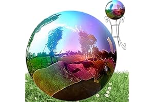 Gazing Ball, 10 Inch Stainless Steel Garden Gazing Ball, 360° Mirror Rainbow Reflective Globe, Polished Hollow Garden for Pon