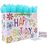 23 x 17 Inch Extra Large Colorful Happy Birthday Gift Bag Set with Handles, Greeting Card, Green Tissue Papers and Stickers, Oversized XXL Big Gift Bag for Kids, Women, Girls, Baby Shower, Newborn, Flowers Birthday Design, 1 Pcs