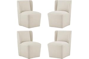 KISLOT Upholstered Dining Chairs Set of 4 with Casters, Wingback Modern Side Armless Deskchair with Rollers for Diningroom Bedroom Livingroom Reading Room, Cream Beige Fabric
