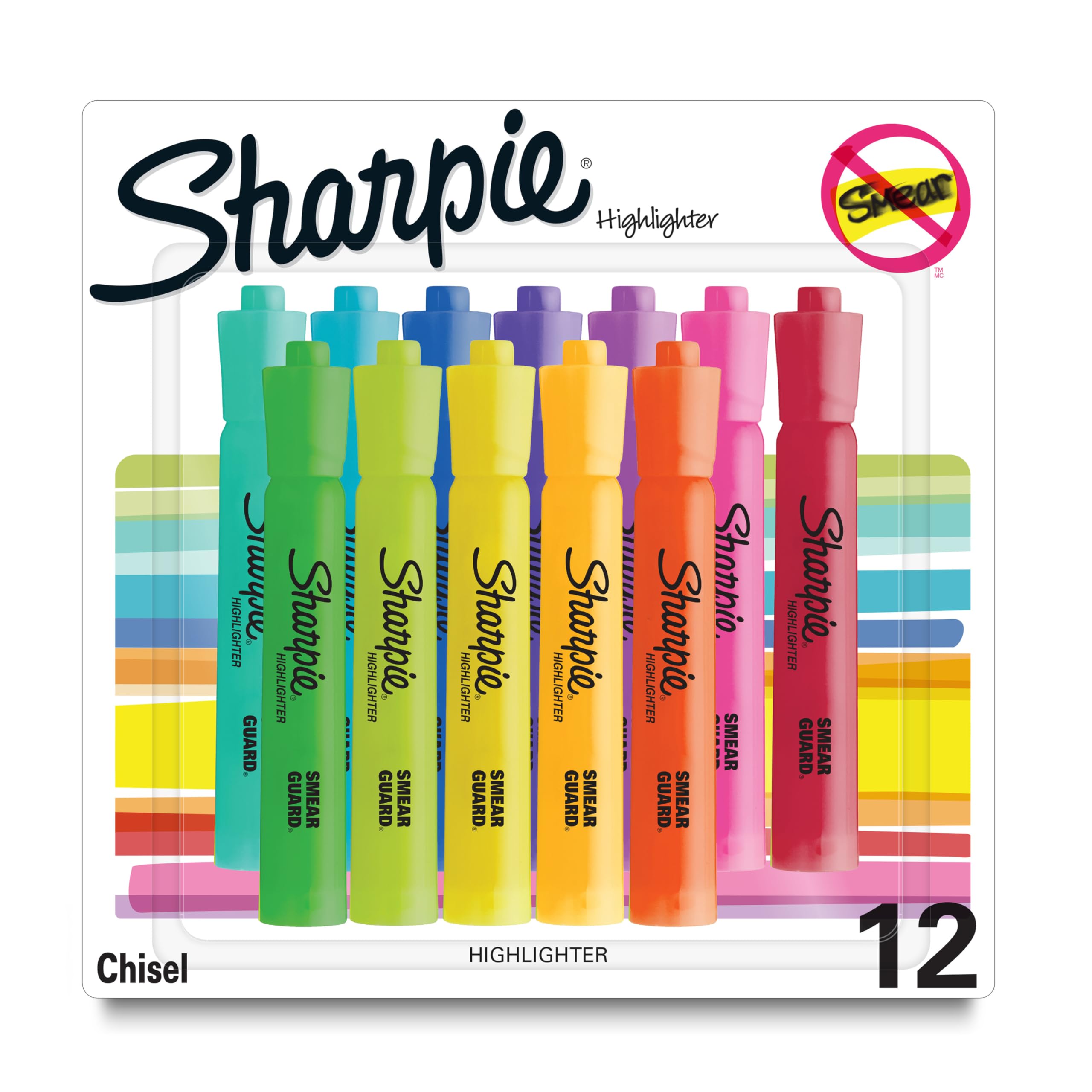 Sharpie Tank Highlighters, Assorted Colors, Chisel Tip, Back to School Essentials, Teacher & Office Supplies, Smear-Resistant, 12-Pack
