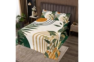 Green Boho Bedspread King Size,Abstract Retro Mid Century Coverlet Set 3pcs,Minimalist Leaves Arch Modern Quilted Coverlet wi