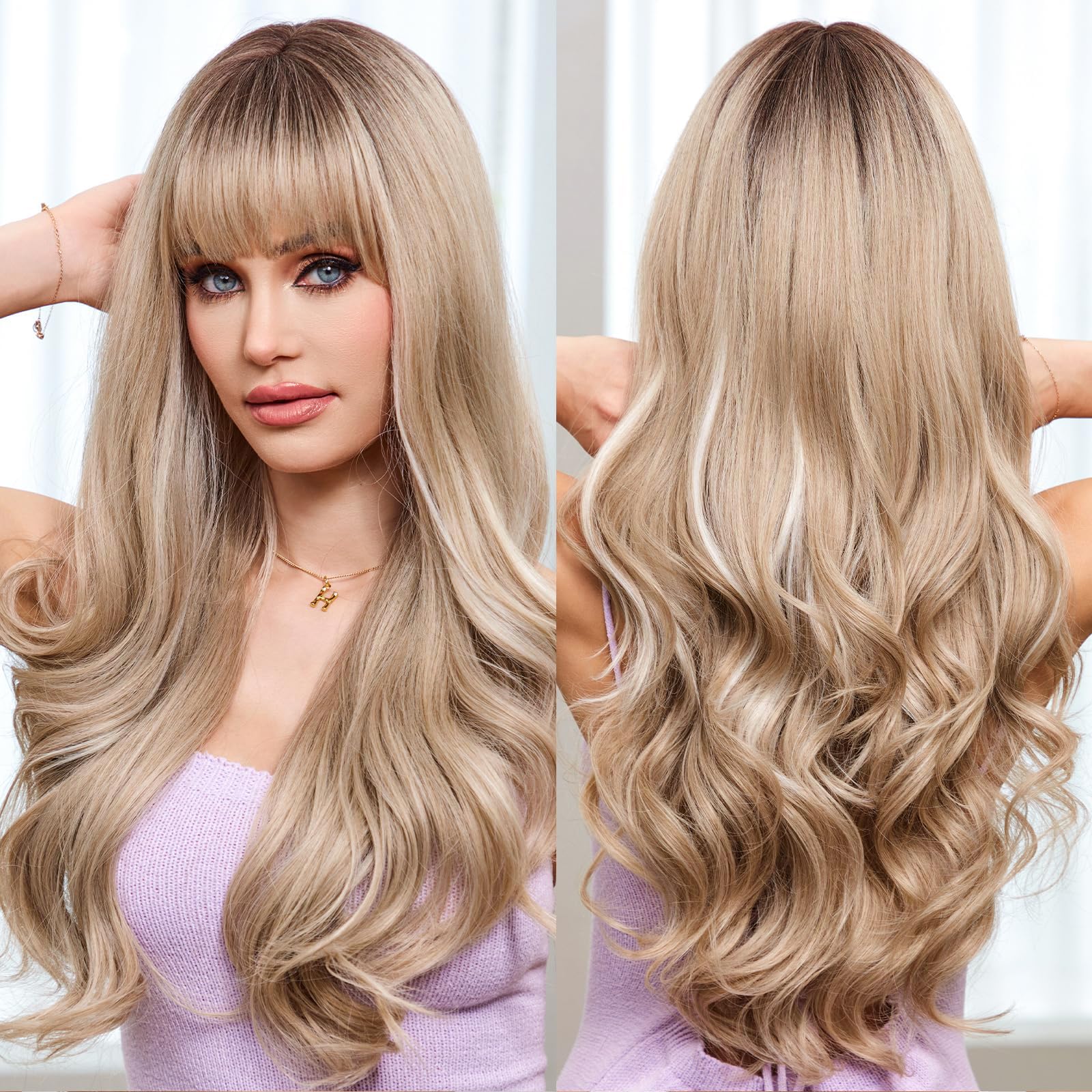 EMMOR Ombre Blonde Wavy Wigs for Women Highlight Color Wigs with Bangs Long Curly Heat Resistant Fiber Synthetic Wig Natural looking for Daily Use — image 1
