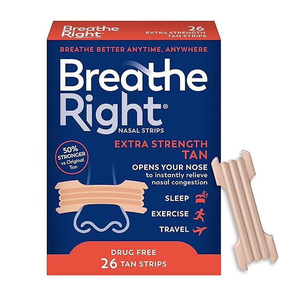BREATHE RIGHT NASAL STRIPS, EXTRA STRENGTH, TAN NASAL STRIPS, HELP STOP SNORING, DRUG-FREE SNORING SOLUTION & INSTANT NASAL CONGESTION RELIEF CAUSED BY COLDS & ALLERGIES, 26 COUNT (PACKAGING MAY VARY)