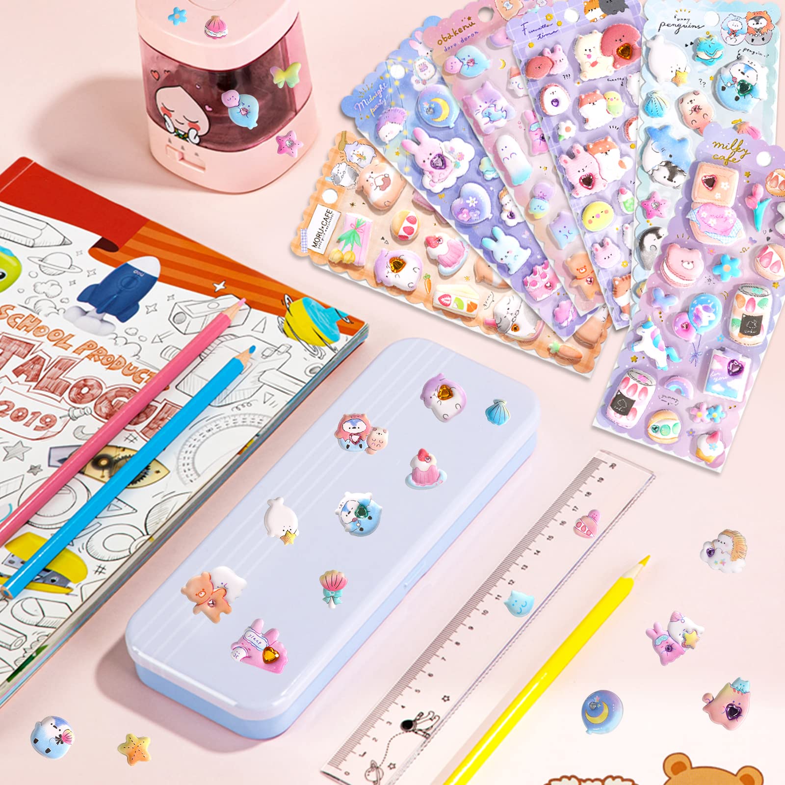 Thick Puffy Stickers for Kids Girls Cute Kawaii Japanese Soft Stickers for Teens Large 3D Squishes Stickers with Gem Embellishment Reusable Puff Stickers for Stationary Phone Case,6 Sheets.