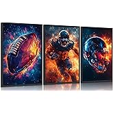 3Pcs Football Canvas Wall Art Graffiti Rugby Gaming Cool Sports Theme Pictures Wall Decor Fire American Football Player Posters Painting Prints Artwork for Kids Boys Room Teen Bedrom Locker Room Decor