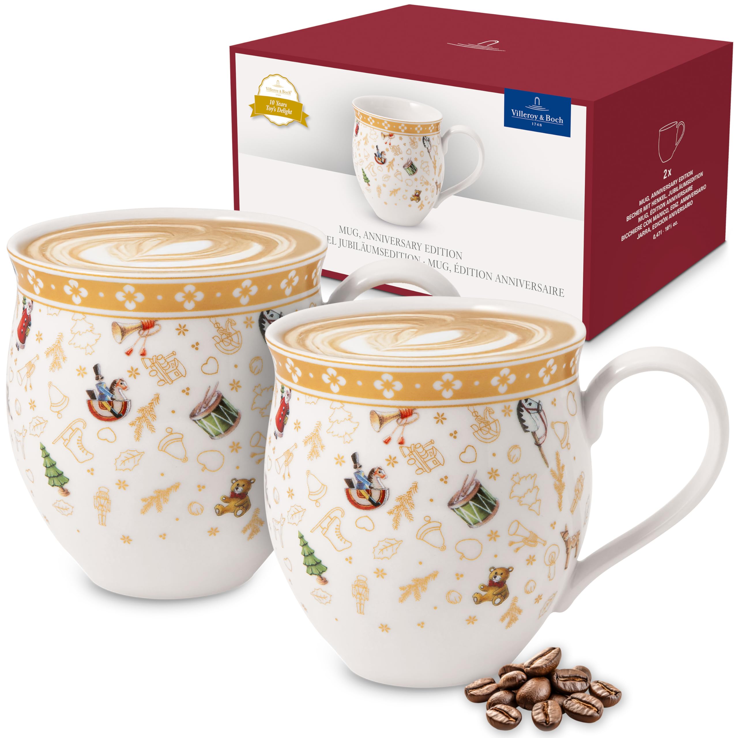 Villeroy & Boch – Toy’s Delight Set of Mugs with Handle, 2-Part, Decorative Collector’s Mugs from The Anniversary Special Edition, Porcelain, Multi-Coloured/Gold/White, 440 ml