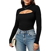 Afibi Women's Cutout Tops Basic Long Sleeve Turtleneck Ribbed Slim Fit T-Shirts