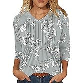 IEEILULU 3/4 Length Sleeve Womens Tops V Neck T Shirts Casual Pleated Tunic for Women Fashion Loose Blouses