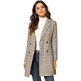 Allegra K Women's Double Breasted Notched Lapel Plaid Trench Blazer Coat