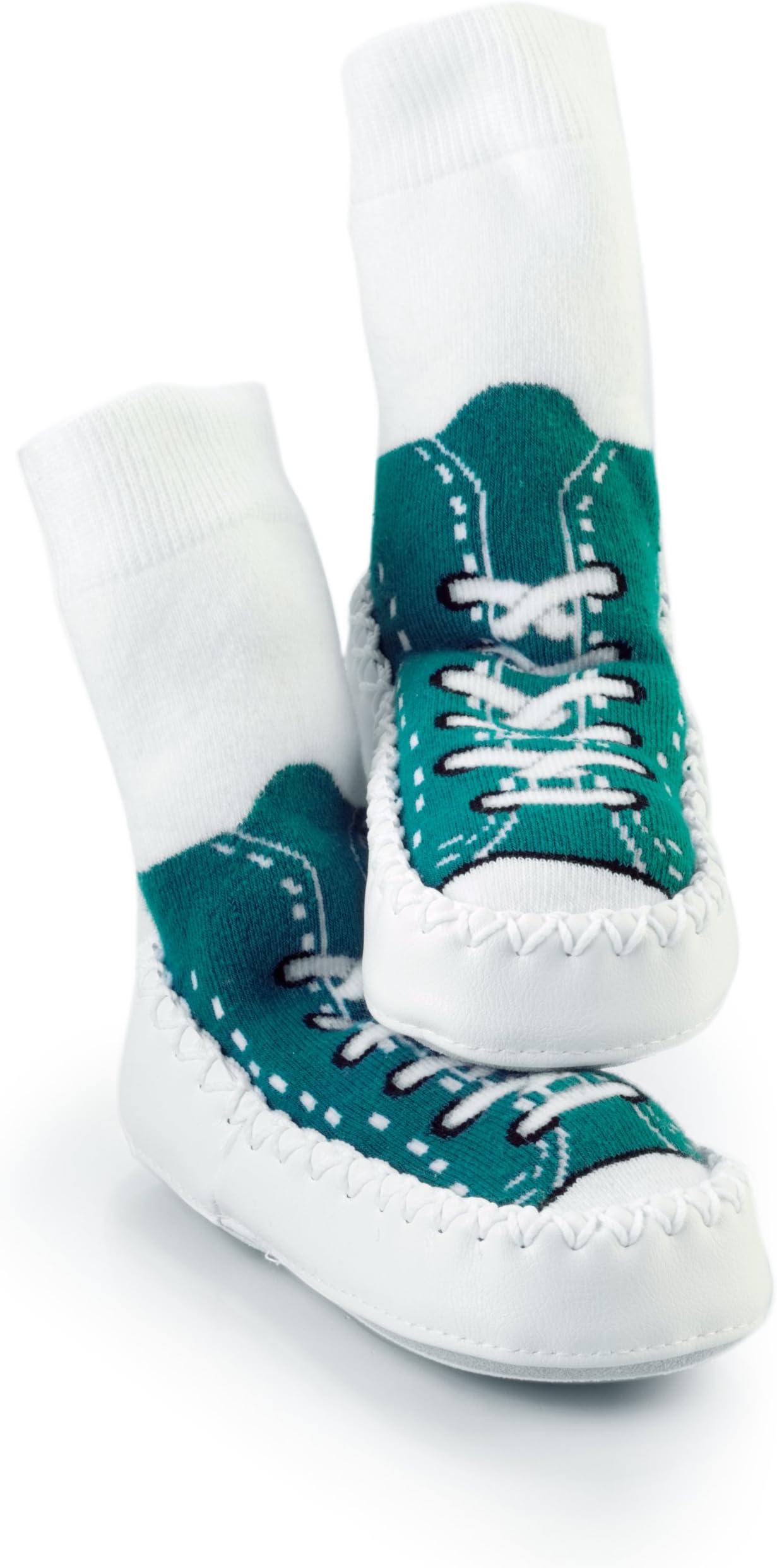 Mocc Ons moccasin washable leather sole slipper socks (12-18 Months, Sneaker Turquoise)