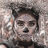 Halloween Rhinestone Suger Skull Face Tattoo Stickers Face Jewels Gems Day Of The Dead Skull Face Decals Temporary Tattoo Kit Face Rhinestones For Makeup Women Kids Festival Party Cosplay (Purple)