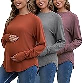 Bhome Maternity Shirts 3 Packs Long Sleeve Pregnancy Tops Loose Fit Casual Blouses with Thumb Holes