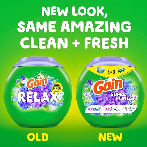 GAIN SUPER FLINGS LAUNDRY DETERGENT PACS, 18 COUNT, DEWDROP DREAM SCENT, IRRESISTIBLY CLEAN AND FRESH WASHING DETERGENT LAUNDRY SOAP PACS