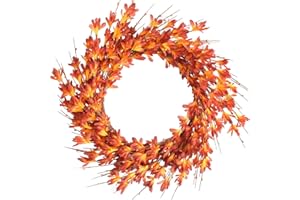 Bibelot 20inch Artificial Forsythia Flower Wreath Spring Summer Fall Wreath Silk Leaves Wreath for Front Door Wreath Porch Farmhouse Patio Garden Home Decor (Orange)